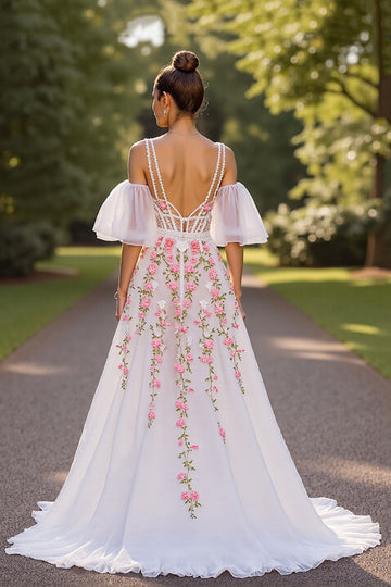 White Floral V Neck Sweep Train Wedding Dress with Sleeves